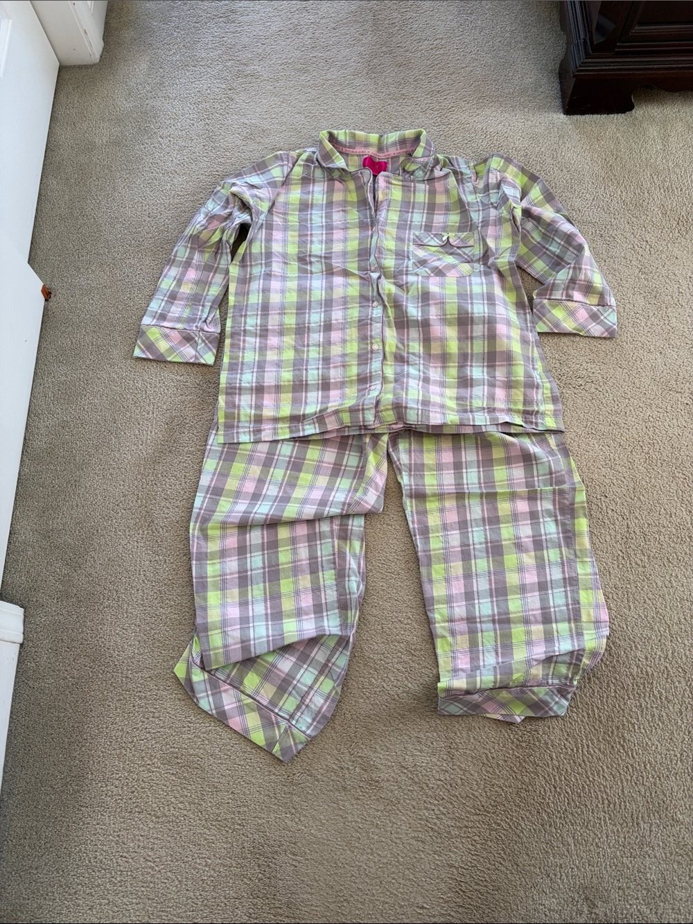 Womens Plaid Cotton Pajama Set - Pink & Green